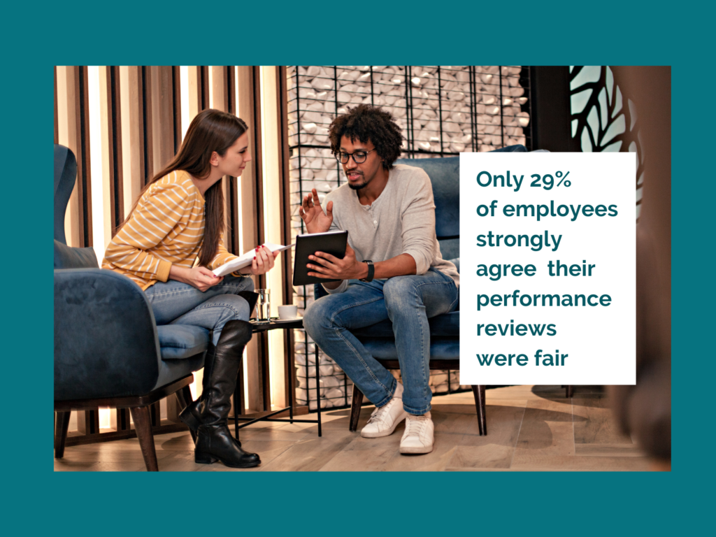 Two people looking at a shared piece of paper. Text reads "only 29% of employees strongly agree that performance reviews were fair".