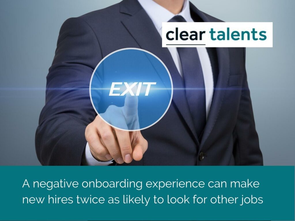 Man in a suit presses an exit button. Text reads "A negative onboarding experience can make new hires twice as likely to look for other jobs".