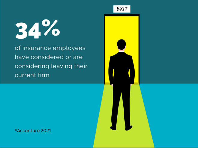 34% of insurance employees have considered or are considering leaving their current role. A man in a suit stands in front of an open door.