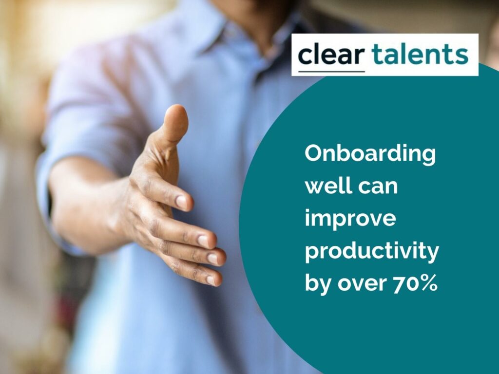 Someone in a business shirt reaching out. Text reads: "Onboarding well can improve productivity by over 70%". 