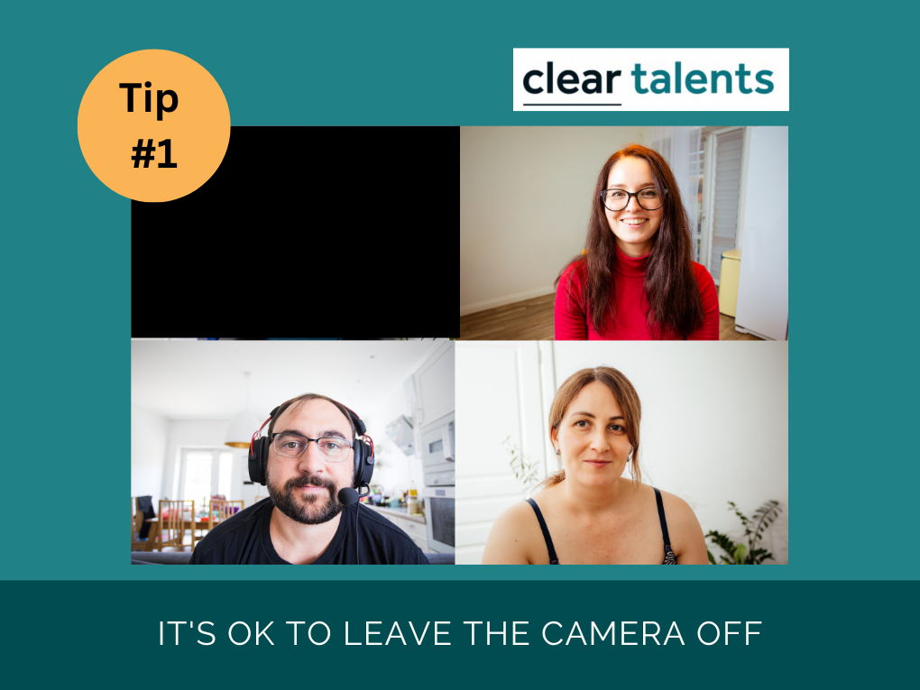 Tip #1. Three people on a video call. The fourth space is blacked put to denote the camera being off.